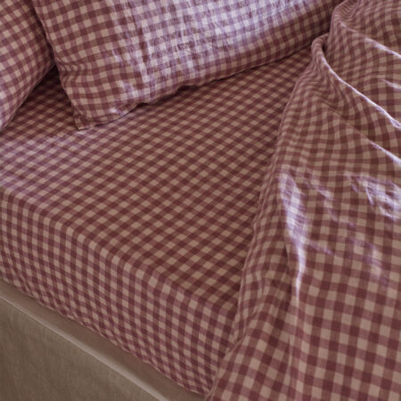Aldesta Linen Fitted Sheet – Elderberry Gingham 100% Pure Linen