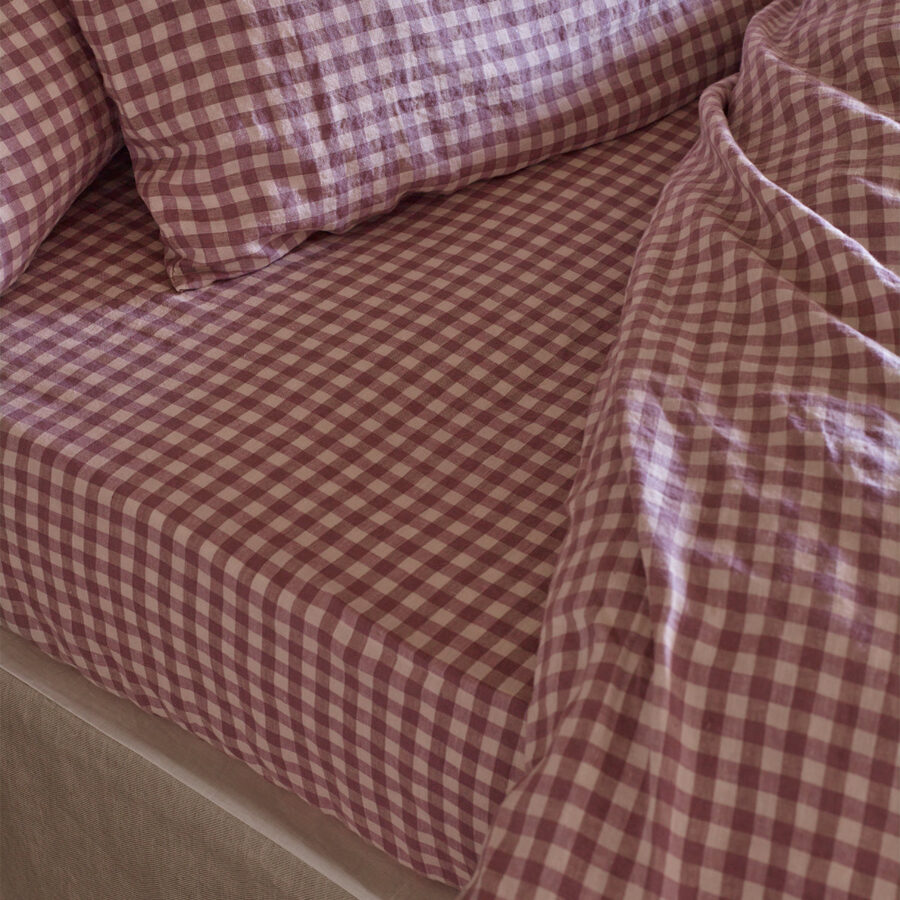 Aldesta Linen Fitted Sheet – Elderberry Gingham 100% Pure Linen