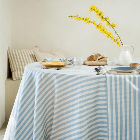 Aldesta Coastal Blue Pembroke Stripe Linen Blend Tablecloth – Stylish & Durable Dining Essential